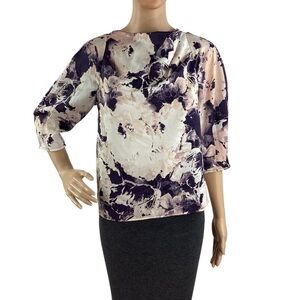 Worthington Abstract Floral 3/4 Sleeve Blouse Purple Pink XS